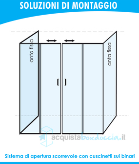 box doccia 3 lati con 2 ante fisse e porta scorrevole 100x165x100 cm trasparente 
