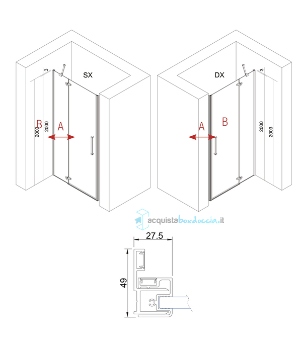 porta doccia battente 75 cm trasparente serie prisma 2.0 r6b1f75 megius 