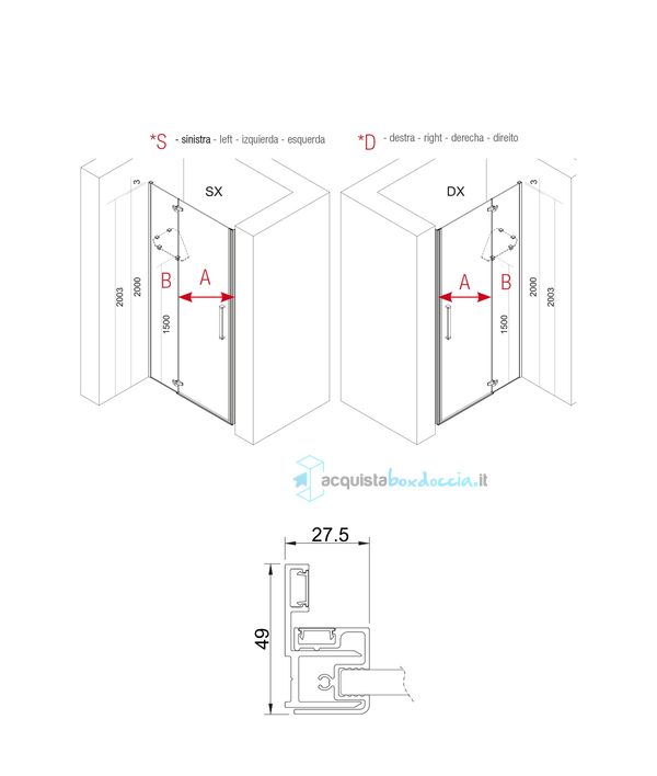 porta doccia battente 120 cm trasparente serie prisma 2.0 r6b1m megius 