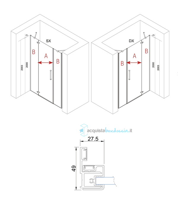 porta doccia battente 130 cm trasparente serie prisma 2.0 r8b12f megius 