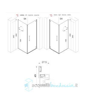box doccia angolare 90x90 cm anta fissa porta battente trasparente serie prisma 1.0 p6pfmo megius 