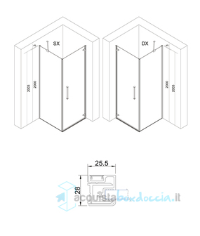 box doccia angolare 90x90 cm anta fissa porta battente trasparente serie prisma 1.0 p6pfo megius 