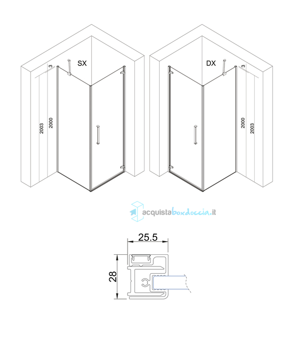 box doccia angolare 75x100 cm anta fissa porta battente trasparente serie prisma 1.0 p6pfo megius 