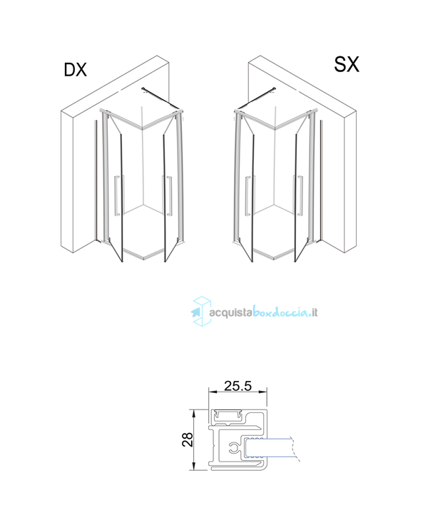 box doccia 3 lati 70x70x80 cm con anta fissa angolo battente trasparente serie prisma 1.0 p6a1 megius 