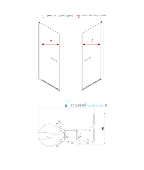 porta doccia battente 70 cm trasparente serie web 1.0 pb0  megius 