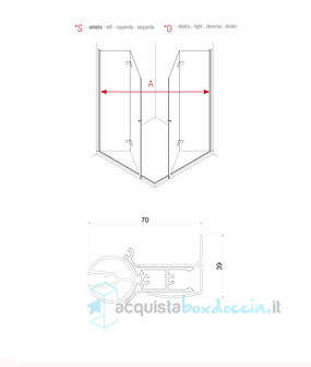 box doccia angolare 70x90 cm con angolo battente trasparente serie web 3.0 a12 megius