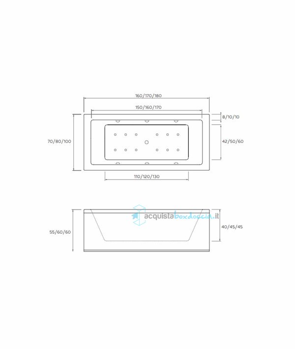 vasca con sistema combinato touchscreen whirpool - airpool - faro a led in acrilico 170x80 cm - la quadra vtf
