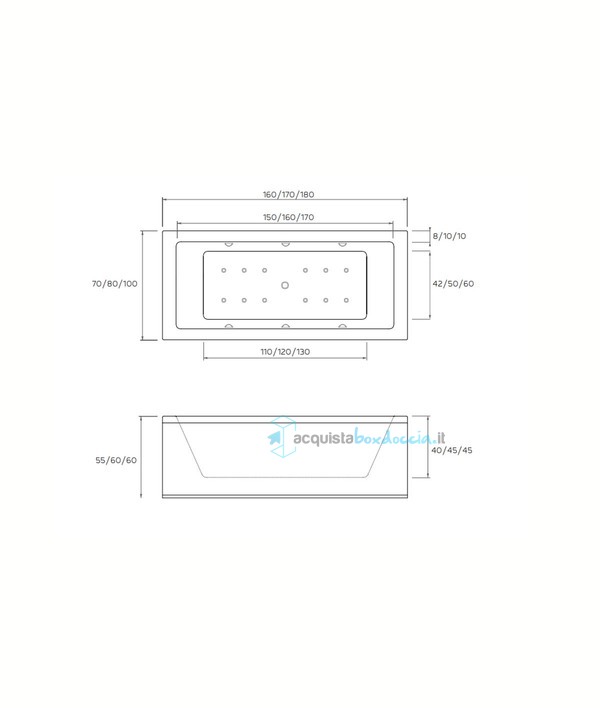 vasca con sistema combinato touchscreen whirpool - airpool - faro a led - disinfezione in acrilico 160x70 cm - la quadra special vtdf