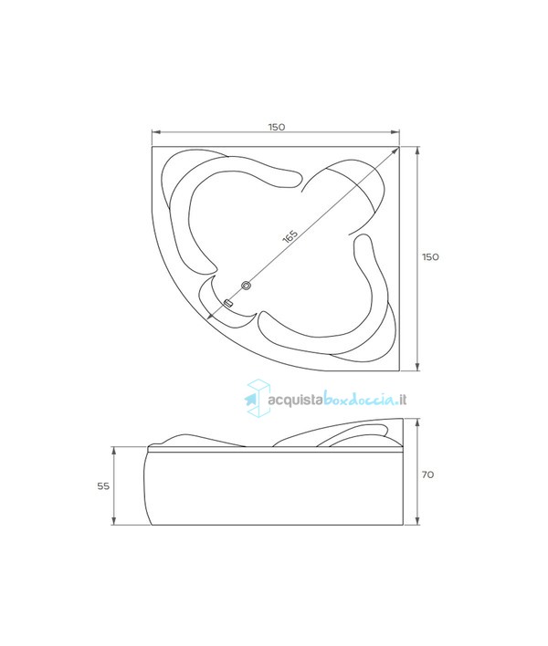 vasca con sistema combinato touchscreen whirpool - airpool - faro a led in acrilico 150x150 cm  - sinergia vtf