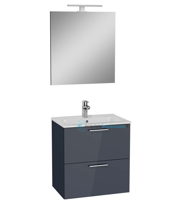 mobile bagno sospeso composizione completa misura 60 cm: base - lavabo in ceramica - specchio - lampada led e sifone