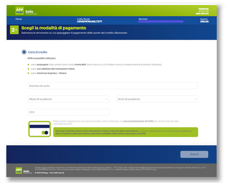 2) Selezione e verifica delle modalità di pagamento